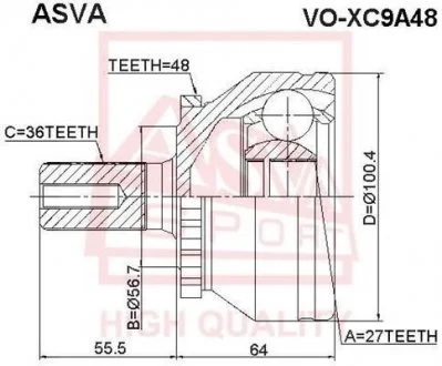 ШРУС НАРУЖНЫЙ 27X56.7X36 (VOLVO XC90 2003-) ASVA VOXC9A48 (фото 1)