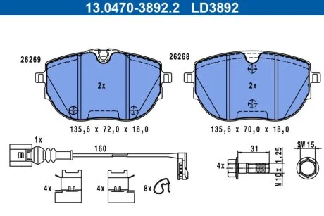 Керамічні гальмівні колодки передн, VW CALIFORNIA T6 CAMPER, MULTIVAN T6, TRANSPORTER T6, TRANSPORTER T6 / CARAVELLE T6 2.0/2.0D/Electric 04.15- ATE 13047038922