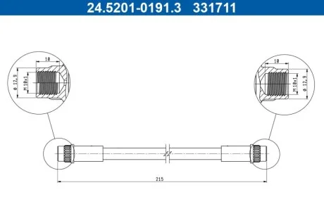 Гальмівний шланг гнучкий задн Прав (довжина 215мм, M10x1/M10x1) NISSAN KUBISTAR 1.2/1.5D/1.6 08.03- ATE 24520101913
