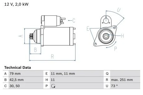 Стартер (12В, 2кВт, відновлений) AUDI A3, Q2, Q3, TT, SEAT ALTEA, ALTEA XL, ATECA, LEON, LEON ST, SKODA KAROQ, KODIAQ I, OCTAVIA II, OCTAVIA III, SUPERB II, SUPERB III, YETI 1.9D-2.5 02.04- BOSCH 0 986 025 350
