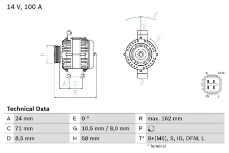 Генератор (14В, 100А, відновлений) TOYOTA AURIS, COROLLA 2.0D/2.2D 10.06-07.14 BOSCH 0986082080