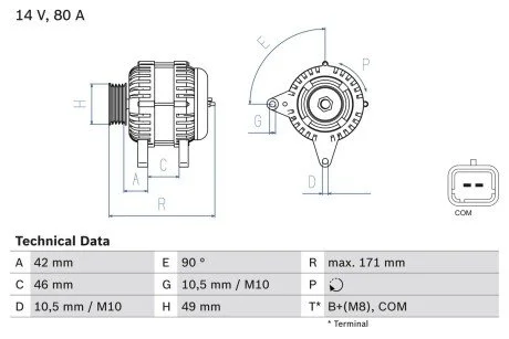 Генератор (14В, 80А, відновлений) CITROEN C2, C2 ENTERPRISE, C3 I, C3 II, C3 PLURIEL, PEUGEOT 207 1.1-1.4LPG 02.02- BOSCH 0 986 082 740