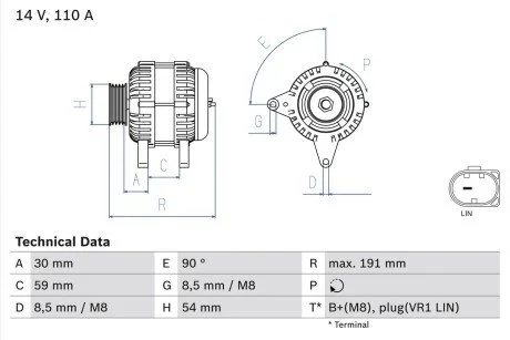 Генератор (14В, 110А, відновлений) AUDI A1, A1 ALLSTREET, A1 CITY CARVER, A3, Q2, SEAT ARONA, ATECA, IBIZA IV, IBIZA IV SC, IBIZA IV ST, IBIZA V, LEON, LEON SC, LEON ST, LEON ST/KOMBI 1.0-2.0D 03.09- BOSCH 0 986 083 270