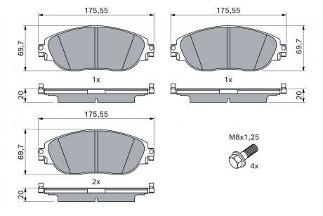 Колодки гальмівні (передні) Audi A3/Skoda Kodiaq 16-/Octavia/VW Golf/Tiguan 12-/T-Roc 17- (+датчик) BOSCH 0986424628 (фото 1)