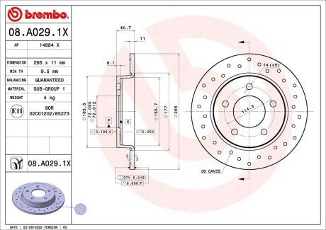 Tarcza ham. Xtra tył MAZDA 3 (BK) 10/03-12/09 / MAZDA 3 (BL) 12/08-09/14 / MAZDA BREMBO 08A0291X