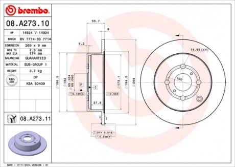 Тормозной диск BREMBO 08.A273.11 (фото 1)
