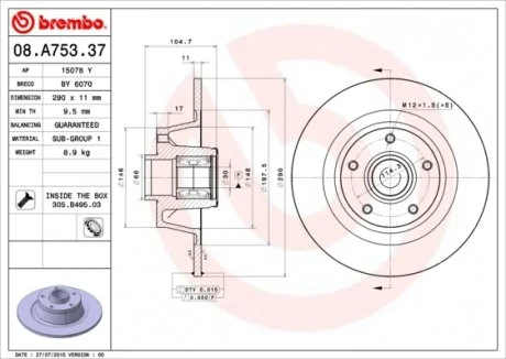 Тормозной диск с подшипником BREMBO 08.A753.37