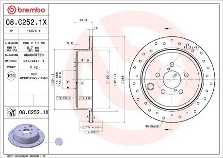 Tarcza ham.Xtra tył SUBARU FORESTER (SH_) 12/07-> / SUBARU IMPREZA Hatchback (GR BREMBO 08C2521X