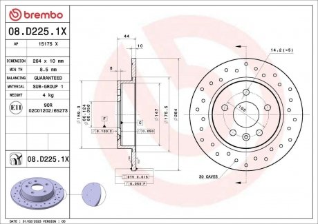 Диск гальмівний (задній) Opel Astra K 15- (264x10) BREMBO 08D2251X (фото 1)