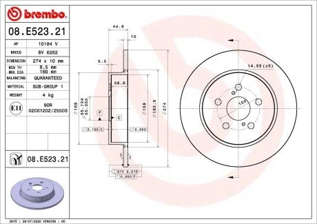 Tarcza ham. tył YARIS (_P21_, _PA1_, _PH1_) 02/20-> BREMBO 08E52321