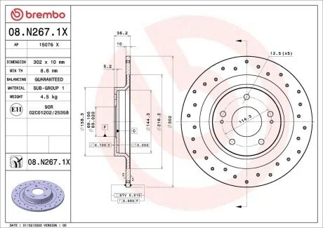 Диск гальмівний (задній) Mitsubishi Outlander 12-/Peugeot 4008 1.6/1.8HDi 12- (302x10) BREMBO 08N2671X