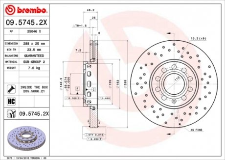 Гальмівні диски BREMBO 09.5745.2X (фото 1)