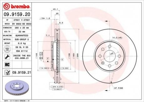 Диск гальмівний 01- (280x25mm) BREMBO 09915920