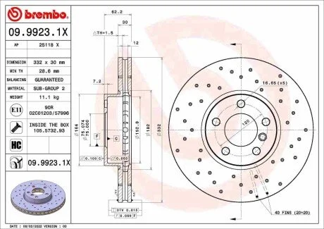 Диск гальмівний передній BREMBO 0999231X (фото 1)