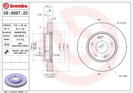 Tarcza ham. HYUNDAI ELANTRA III Saloon (XD) 03/00-09/06 / HYUNDAI ELANTR BREMBO 09999720