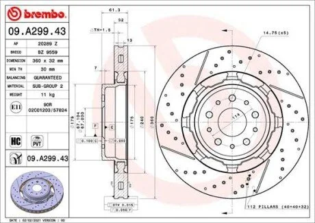 Двочастинний гальмівний диск передн Лів/Прав MASERATI GRAN TURISMO I, GRANCABRIO 4.7 08.08- BREMBO 09A29943