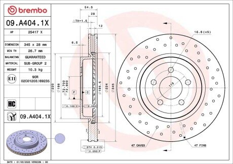Tarcza ham.Xtra CHRYSLER (BBDC) 300C 10/06-01/12 / CHRYSLER 300C (LX) 09/10- BREMBO 09A4041X (фото 1)