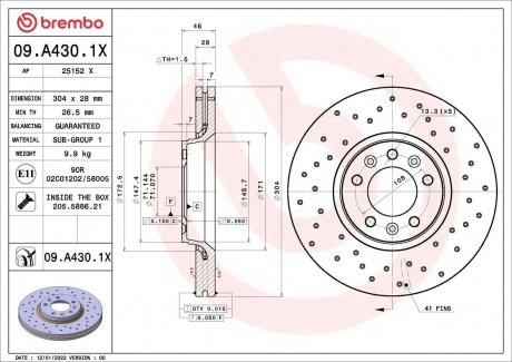 Диск гальмівний (передній) Fiat Scudo 07- (304x28) BREMBO 09A4301X (фото 1)