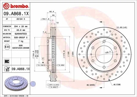 Диск гальмівний передній FIAT FULLBACK Pickup (502_, 503_) 01/16-> / MITSUBISHI (GAC) BREMBO 09A8681X