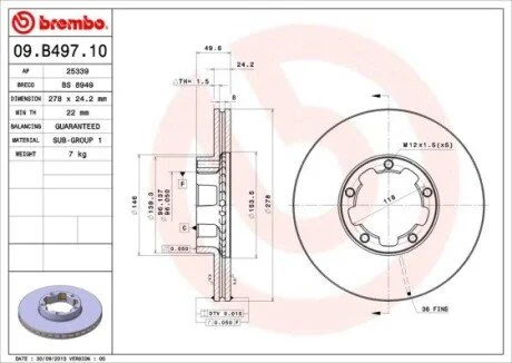 Диск гальмівний передн Лів/Прав INFINITI J30, NISSAN CABSTAR E 2.3D-3.0D 01.92-11.06 BREMBO 09B49710 (фото 1)