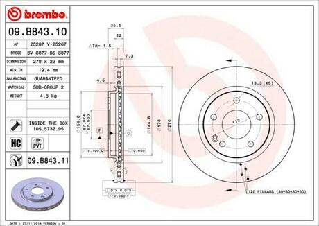 Тормозной диск BREMBO 09.B843.11 (фото 1)