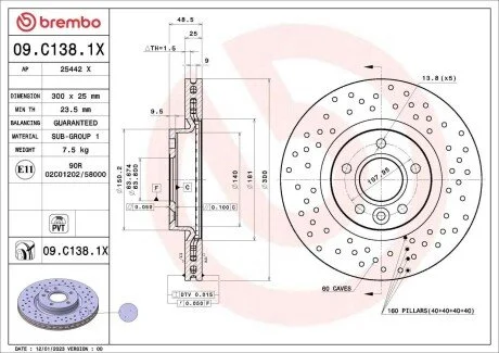 Диск гальмівний (передній) Ford Kuga/Transit Connect 13- (300x25) PRO (замінено на 92141305) BREMBO 09C1381X