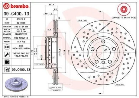 Диск гальмівний BMW 1 F20,21 tyі BREMBO 09C40013