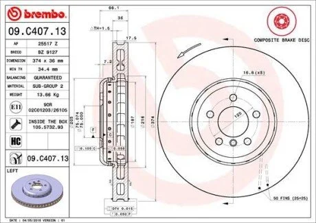 Диск гальмівний BMW F10,11 /L /2-elementowa,kompozytowa/ BREMBO 09C40713