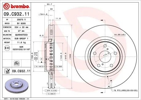 Диск гальмівний (передній) Lexus GS 05-/IS 09- (L) (334x30) PRO BREMBO 09C93211 (фото 1)