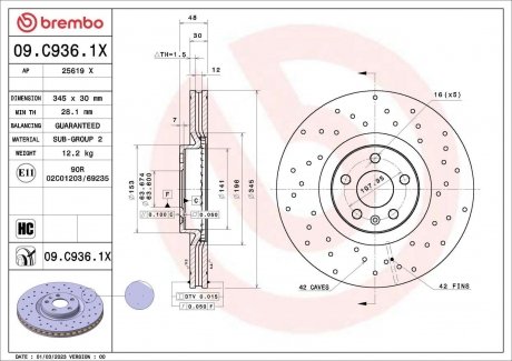 Диск гальмівний (передній) Volvo S60 III/S90 II/V60 II/ XC90 II 16- (345x30) PRO+ BREMBO 09C9361X (фото 1)