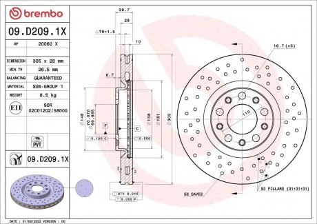 Диск гальмівний (передній) Fiat 500X/Jeep Compass/Renegade 14- (305x28) PRO BREMBO 09D2091X