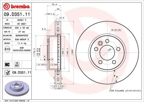 Диск гальмівний передн Лів/Прав MAN TGE, VW CRAFTER, GRAND CALIFORNIA CAMPER 2.0D 09.16- BREMBO 09D35111