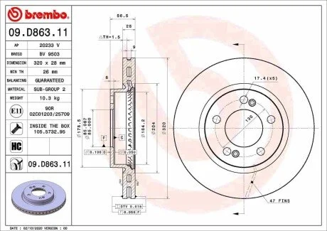Tarcza ham. SSANGYONG MUSSO (QK) 01/18-&gt; / SSANGYONG MUSSO GRAND 01/19-&gt; BREMBO 09D86311 (фото 1)