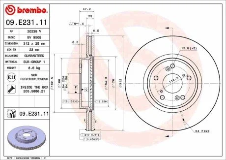 Диск тормозной, передний BREMBO 09E23111
