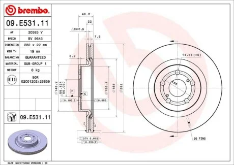 Диск гальмівний передн Лів/Прав TOYOTA YARIS 1.0/1.5/1.5H 02.20- BREMBO 09E53111 (фото 1)