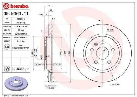 Тормозной диск BREMBO 09.N363.11 (фото 1)