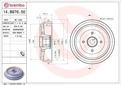 Гальмівний барабан C3 09-/208 12- (228,7x51,2mm)/к-т з підшипн. BREMBO 14B97650