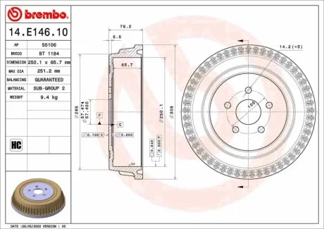 Гальмівний барабан задн CHRYSLER GRAND VOYAGER III, VOYAGER III, VOYAGER IV, DODGE CARAVAN 2.0-3.8 01.95-12.08 BREMBO 14E14610