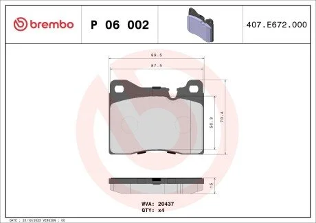 Гальмівні колодки, дискове гальмо (набір) BREMBO P06002