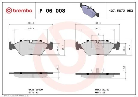 Гальмівні колодки, дискове гальмо (набір) BREMBO P06008