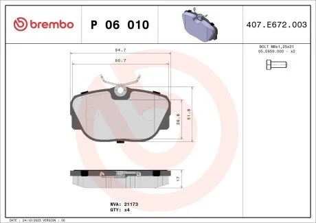Гальмівні колодки, дискове гальмо (набір) BREMBO P06010