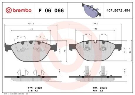 Гальмівні колодки, дискове гальмо (набір) BREMBO P06066