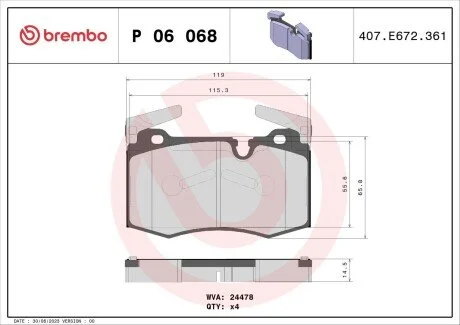 Гальмівні колодки, дискове гальмо (набір) BREMBO P06068
