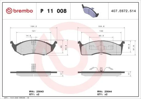 Гальмівні колодки, дискове гальмо (набір) BREMBO P11008