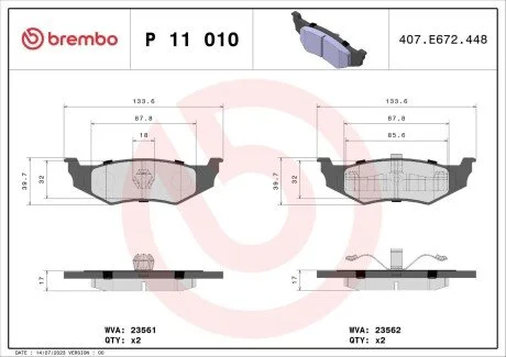 Гальмiвнi колодки к-кт. BREMBO P11 010