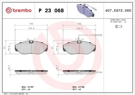 Гальмівні колодки, дискове гальмо (набір) BREMBO P23068