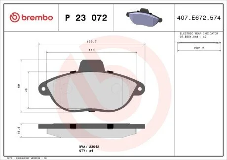 Гальмівні колодки, дискове гальмо (набір) BREMBO P23 072