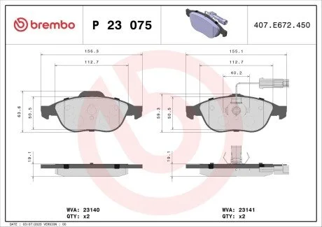 Гальмівні колодки, дискове гальмо (набір) BREMBO P23075