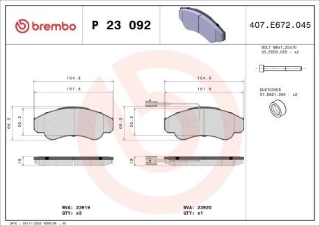 Гальмівні колодки, дискове гальмо (набір) BREMBO P23092