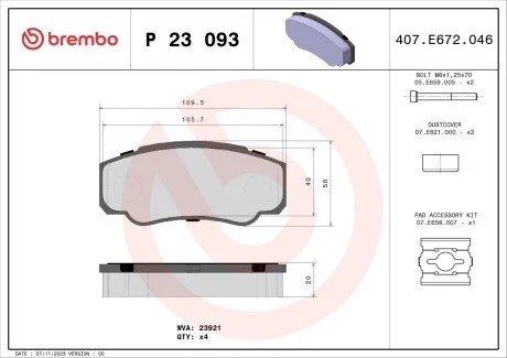 Гальмівні колодки, дискове гальмо (набір) BREMBO P23093